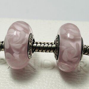 Set of 2 Roses Garden Murnao Glass Pandora Charms Pink  Flower Autumn Valley NEW